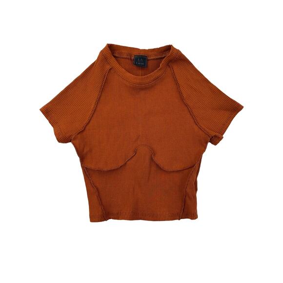 LA Luxe - Cropped Crew Ribbed Short Sleeve Tee in Rust Orange - Picture 1 of 3